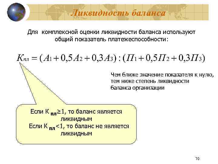 Ликвидность баланса Для комплексной оценки ликвидности баланса используют общий показатель платежеспособности: Чем ближе значение