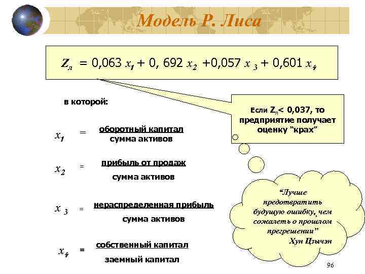 Модель Р. Лиса Zл = 0, 063 х1 + 0, 692 х2 +0, 057