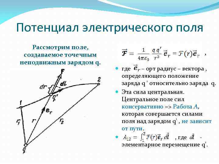 Потенциал электрического поля Рассмотрим поле, создаваемое точечным неподвижным зарядом q. , где – орт