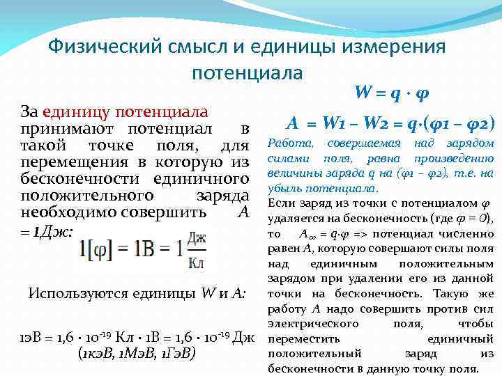 Физический смысл и единицы измерения потенциала За единицу потенциала принимают потенциал в такой точке