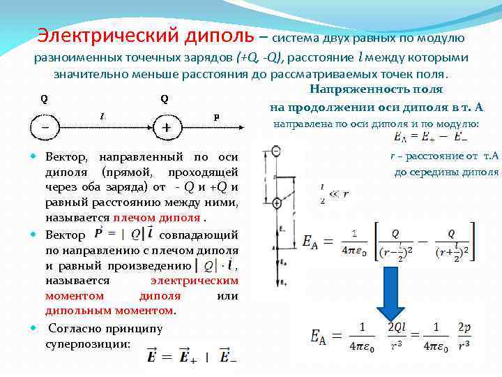 Электрический диполь – система двух равных по модулю разноименных точечных зарядов (+Q, -Q), расстояние