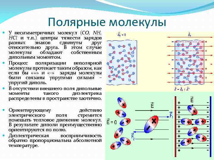 Полярные молекулы У несимметричных молекул (CO, NH, HCl и т. п. ) центры тяжести