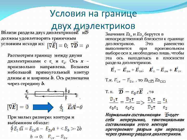 Условия на границе двух диэлектриков Вблизи раздела двух диэлектриков и должны удовлетворять граничным условиям