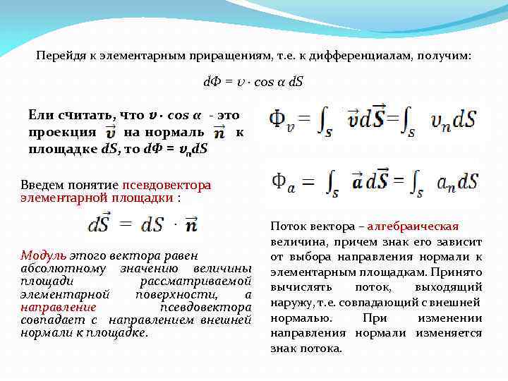 Перейдя к элементарным приращениям, т. е. к дифференциалам, получим: dΦ = v · cos