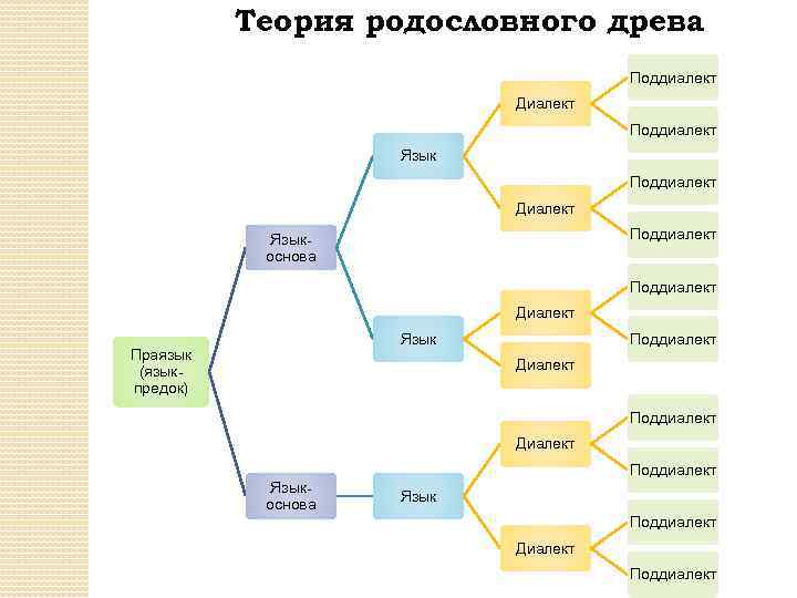 Теория родословного древа Поддиалект Диалект Поддиалект Языкоснова Поддиалект Диалект Язык Праязык (языкпредок) Поддиалект Диалект