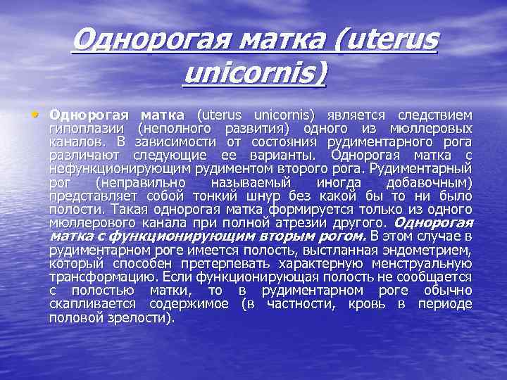 Однорогая матка (uterus unicornis) • Однорогая матка (uterus unicornis) является следствием гипоплазии (неполного развития)
