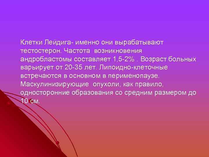  Клетки Лейдига- именно они вырабатывают тестостерон. Частота возникновения андробластомы составляет 1, 5 -2%.