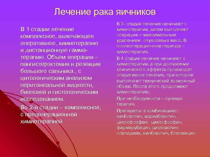 Лечение рака яичников В 1 стадии лечение комплексное, включающее оперативное, химиотерапию и дистанционную гамматерапию.