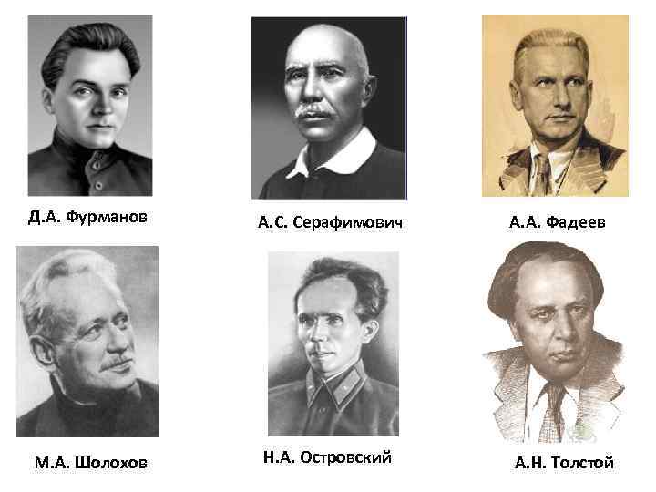 Д. А. Фурманов А. С. Серафимович А. А. Фадеев М. А. Шолохов Н. А.