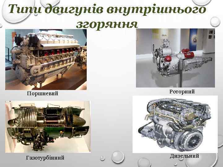 Типи двигунів внутрішнього згоряння Поршневий Роторний Газотурбінний Дизельний 