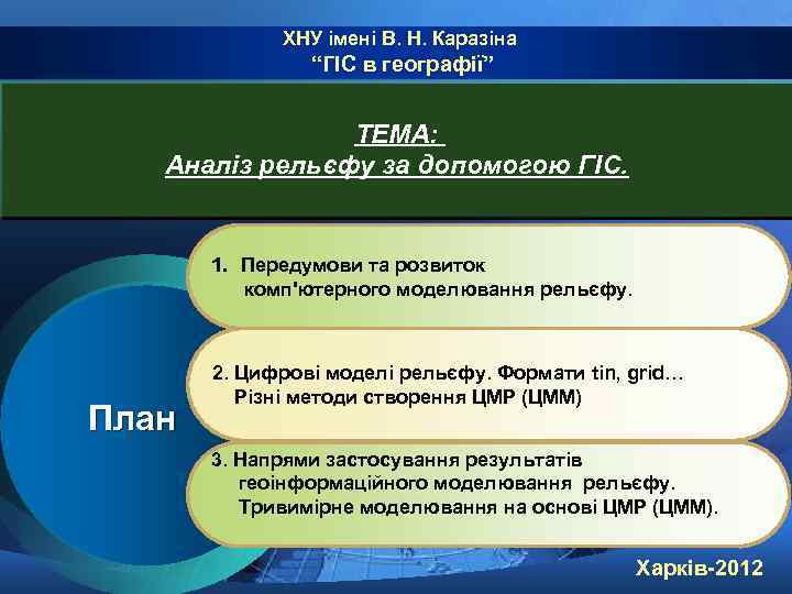 ХНУ імені В. Н. Каразіна “ГІС в географії” ТЕМА: Аналіз рельєфу за допомогою ГІС.