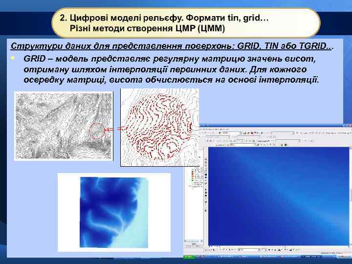 Структури даних для представлення поверхонь: GRID, TIN або TGRID. . . § GRID –