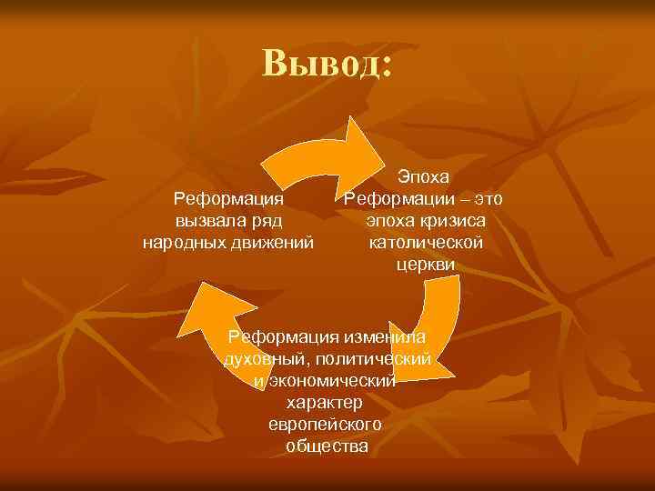 Вывод: Реформация вызвала ряд народных движений Эпоха Реформации – это эпоха кризиса католической церкви