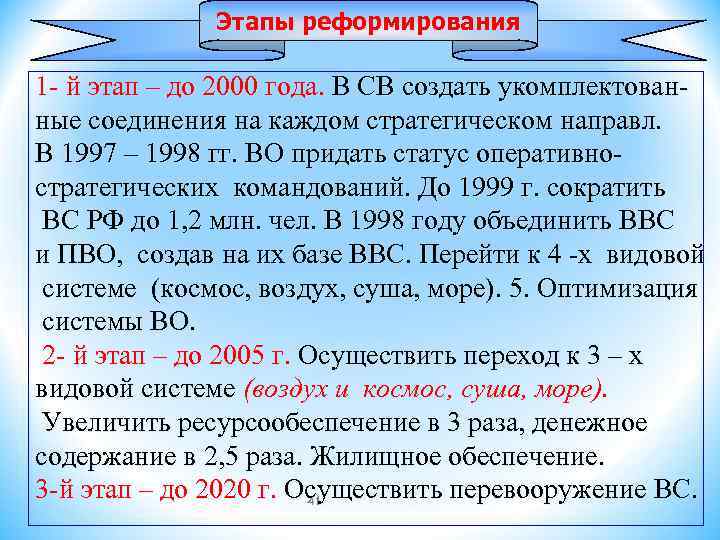 Этапы реформирования 1 - й этап – до 2000 года. В СВ создать укомплектованные