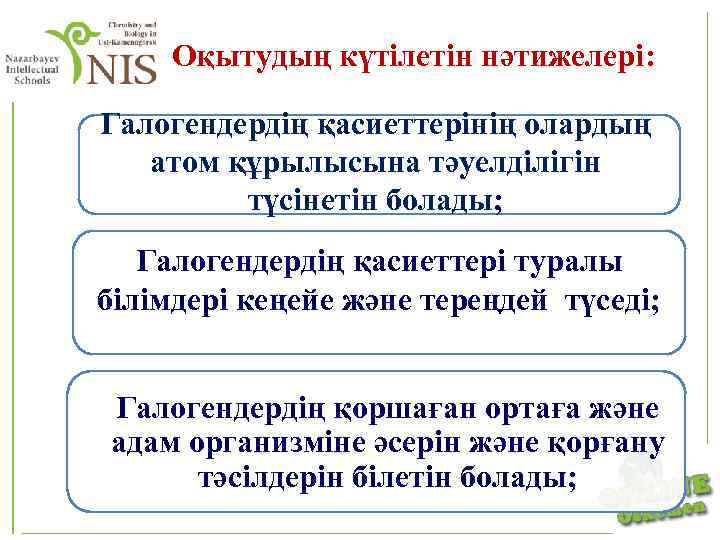  Оқытудың күтілетін нәтижелері: Галогендердің қасиеттерінің олардың атом құрылысына тәуелділігін түсінетін болады; Галогендердің қасиеттері