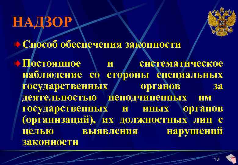 НАДЗОР Способ обеспечения законности Постоянное и систематическое наблюдение со стороны специальных государственных органов за