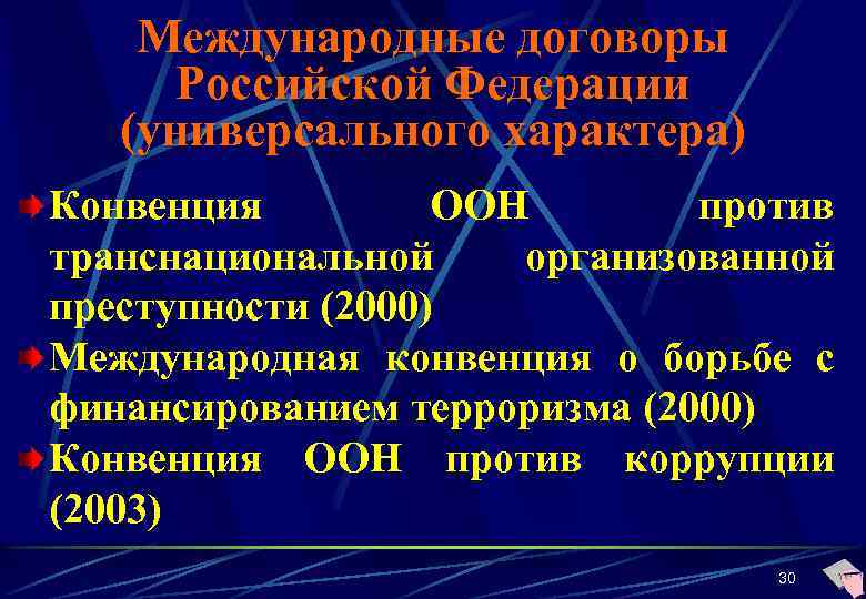 Международные договоры Российской Федерации (универсального характера) Конвенция ООН против транснациональной организованной преступности (2000) Международная