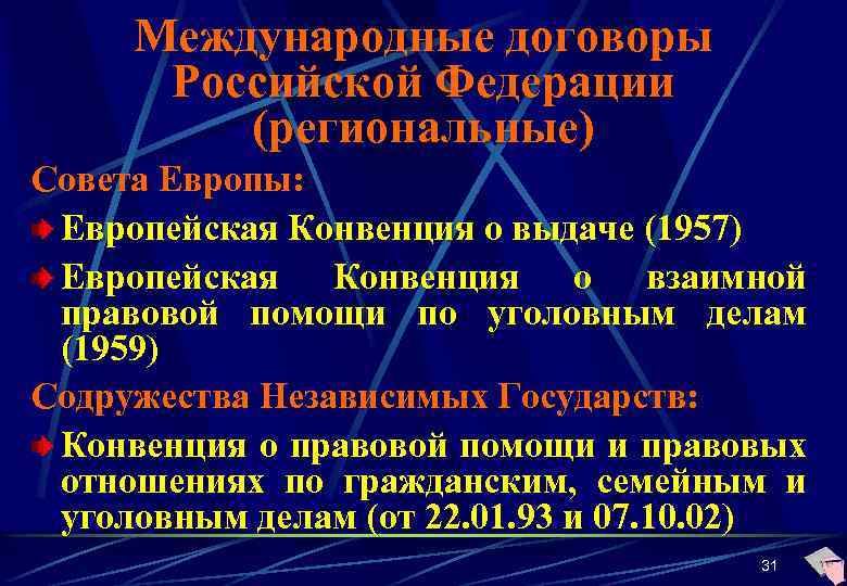 Международные договоры Российской Федерации (региональные) Совета Европы: Европейская Конвенция о выдаче (1957) Европейская Конвенция