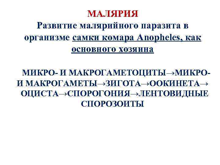 МАЛЯРИЯ Развитие малярийного паразита в организме самки комара Anopheles, как основного хозяина МИКРО- И