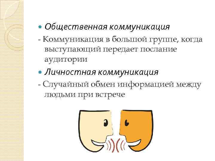  Общественная коммуникация - Коммуникация в большой группе, когда выступающий передает послание аудитории Личностная