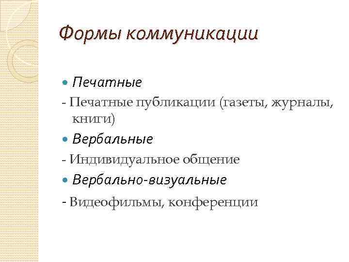 Формы коммуникации Печатные - Печатные публикации (газеты, журналы, книги) Вербальные - Индивидуальное общение Вербально-визуальные