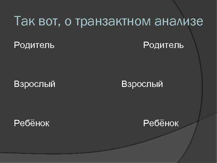 Так вот, о транзактном анализе Родитель Взрослый Ребёнок 