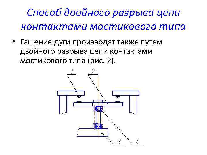 Способ двойного разрыва цепи контактами мостикового типа • Гашение дуги производят также путем двойного