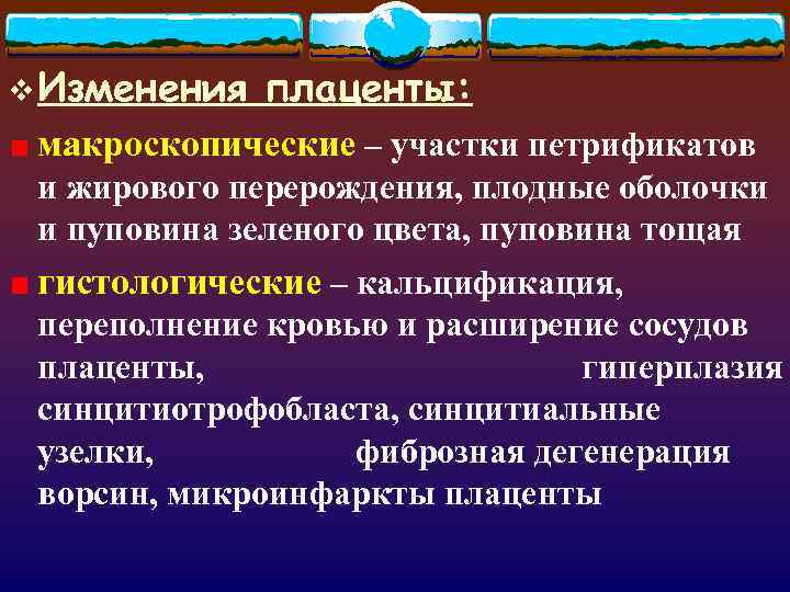 v Изменения плаценты: макроскопические – участки петрификатов и жирового перерождения, плодные оболочки и пуповина