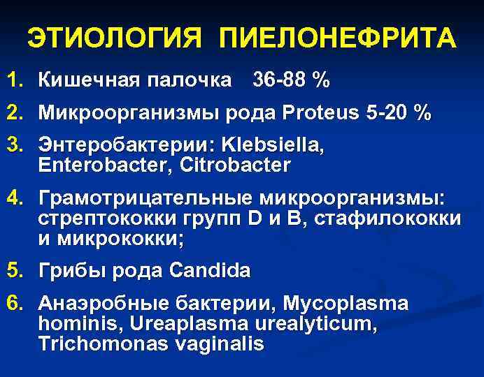 ЭТИОЛОГИЯ ПИЕЛОНЕФРИТА 1. Кишечная палочка 36 -88 % 2. Микроорганизмы рода Proteus 5 -20