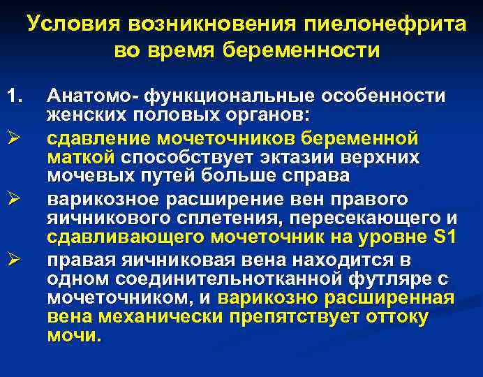 Условия возникновения пиелонефрита во время беременности 1. Ø Ø Ø Анатомо- функциональные особенности женских