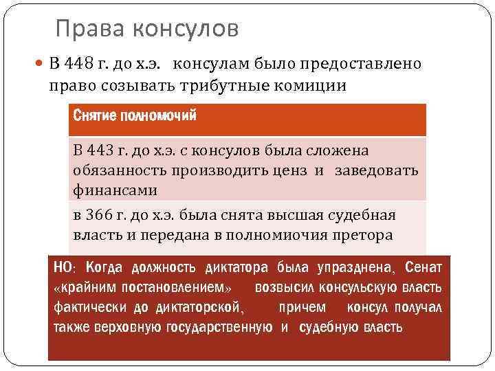 Права консулов В 448 г. до х. э. консулам было предоставлено право созывать трибутные