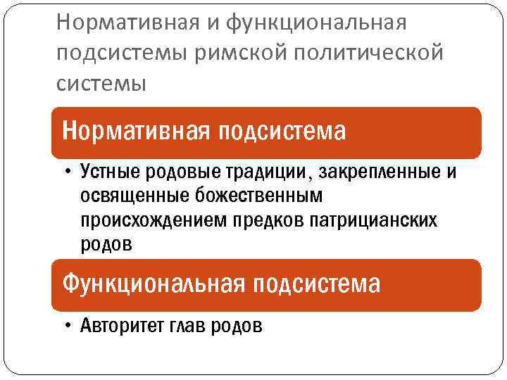 Нормативная и функциональная подсистемы римской политической системы Нормативная подсистема • Устные родовые традиции, закрепленные