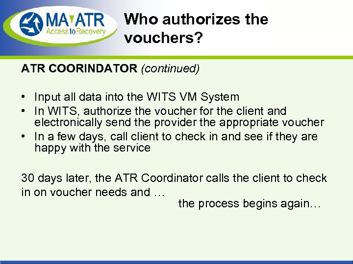 Who authorizes the vouchers? ATR COORINDATOR (continued) • Input all data into the WITS