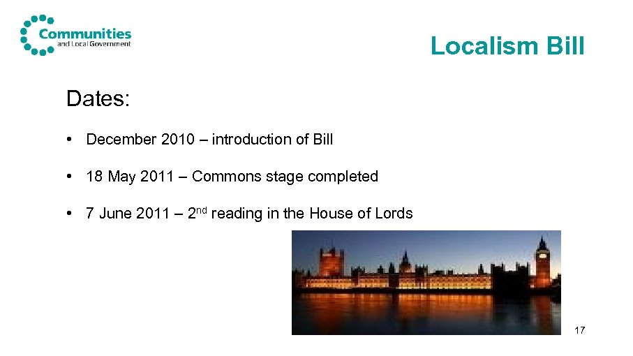Localism Bill Dates: • December 2010 – introduction of Bill • 18 May 2011