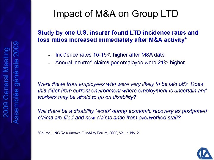 2009 General Meeting Assemblée générale 2009 Impact of M&A on Group LTD Study by