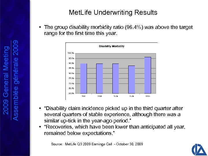 Met. Life Underwriting Results 2009 General Meeting Assemblée générale 2009 • The group disability