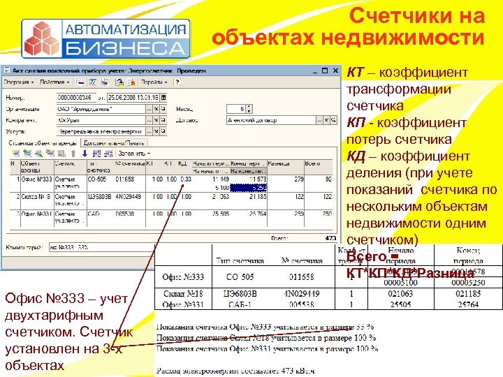 Счетчики на объектах недвижимости КТ – коэффициент трансформации счетчика КП - коэффициент потерь счетчика