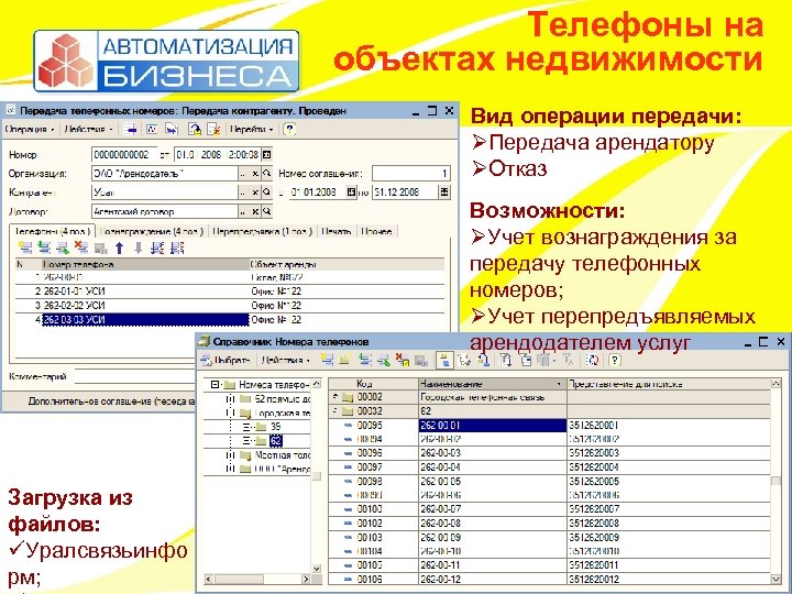 Телефоны на объектах недвижимости Вид операции передачи: ØПередача арендатору ØОтказ Возможности: ØУчет вознаграждения за
