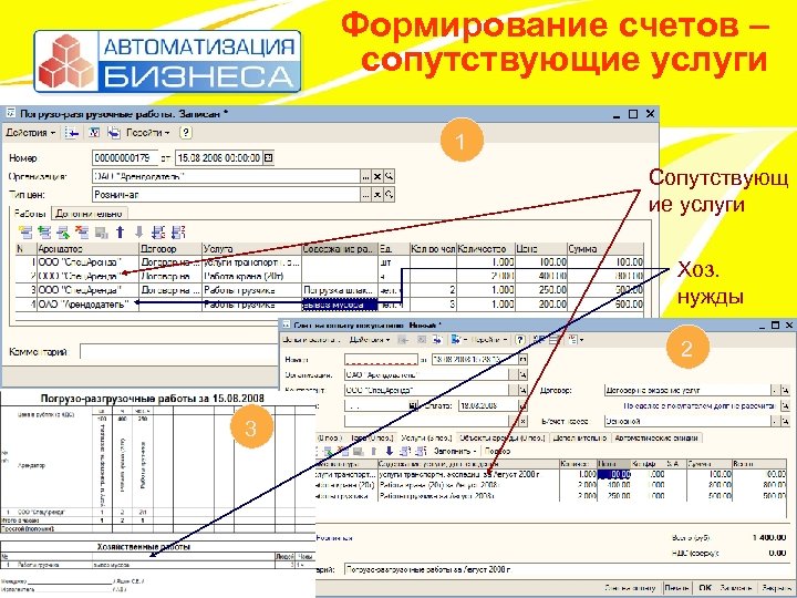 Формирование счетов – сопутствующие услуги 1 Сопутствующ ие услуги Хоз. нужды 2 3 