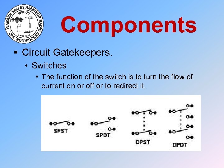 Components § Circuit Gatekeepers. • Switches • The function of the switch is to