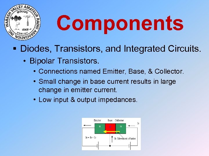 Components § Diodes, Transistors, and Integrated Circuits. • Bipolar Transistors. • Connections named Emitter,
