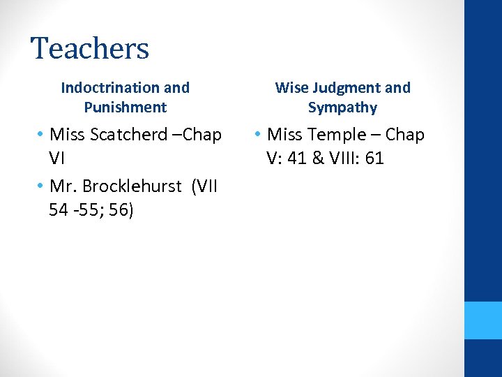 Teachers Indoctrination and Punishment Wise Judgment and Sympathy • Miss Scatcherd –Chap VI •