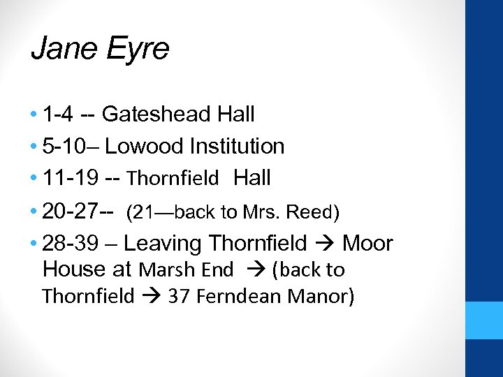 Jane Eyre • 1 -4 -- Gateshead Hall • 5 -10– Lowood Institution •