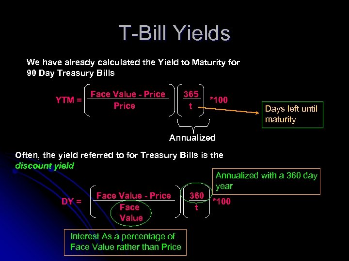 T-Bill Yields We have already calculated the Yield to Maturity for 90 Day Treasury
