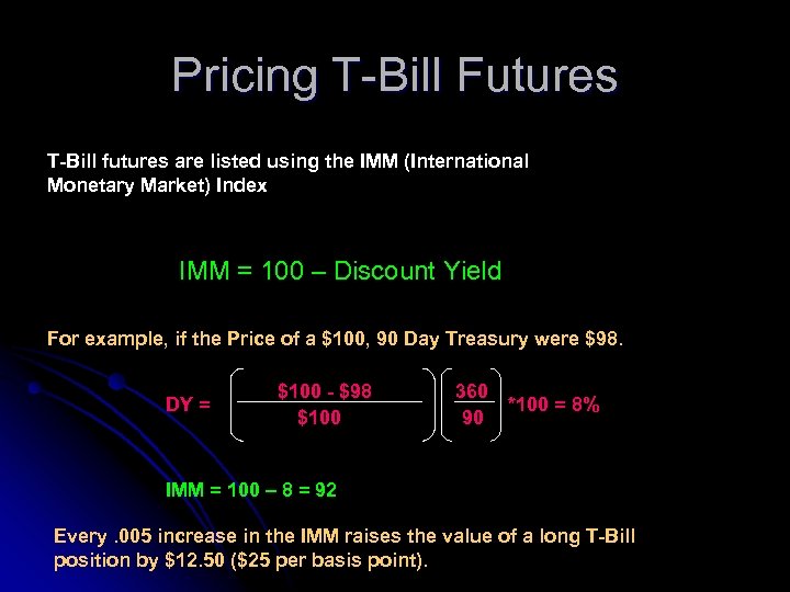 Pricing T-Bill Futures T-Bill futures are listed using the IMM (International Monetary Market) Index