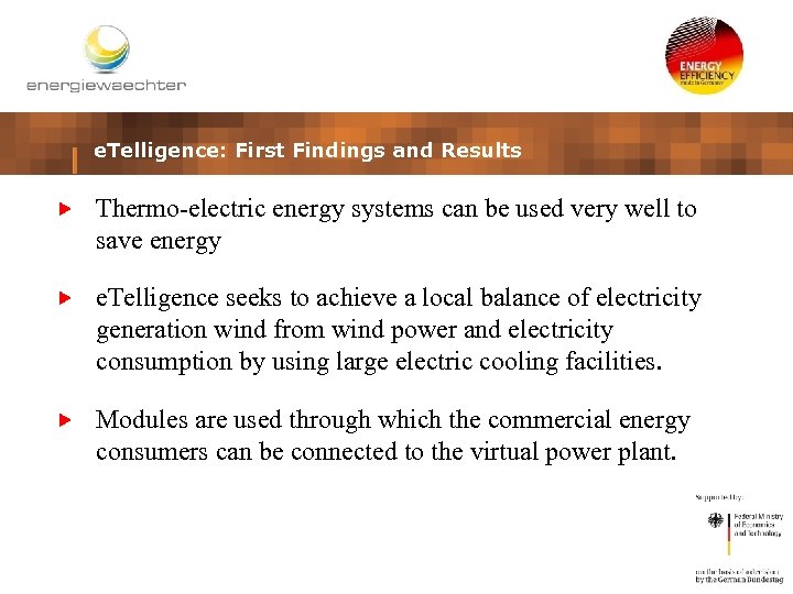 e. Telligence: First Findings and Results Thermo-electric energy systems can be used very well