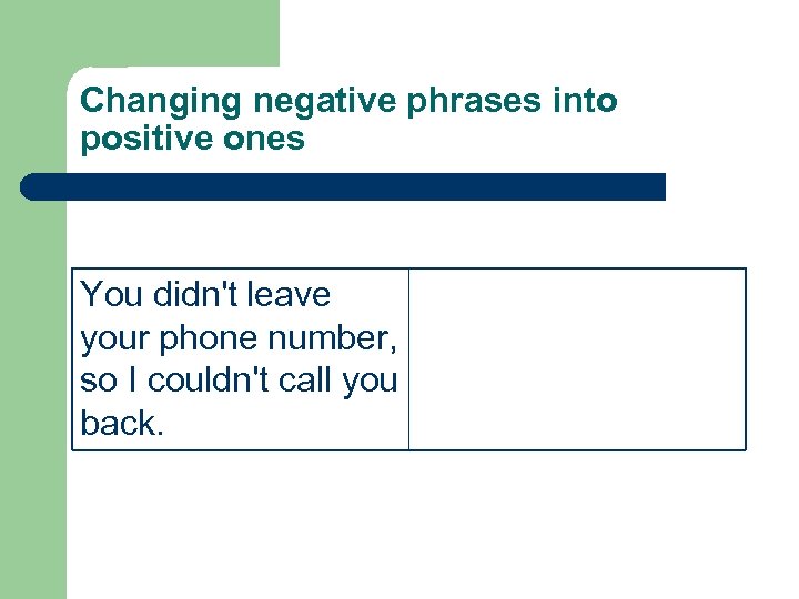 Changing negative phrases into positive ones You didn't leave your phone number, so I