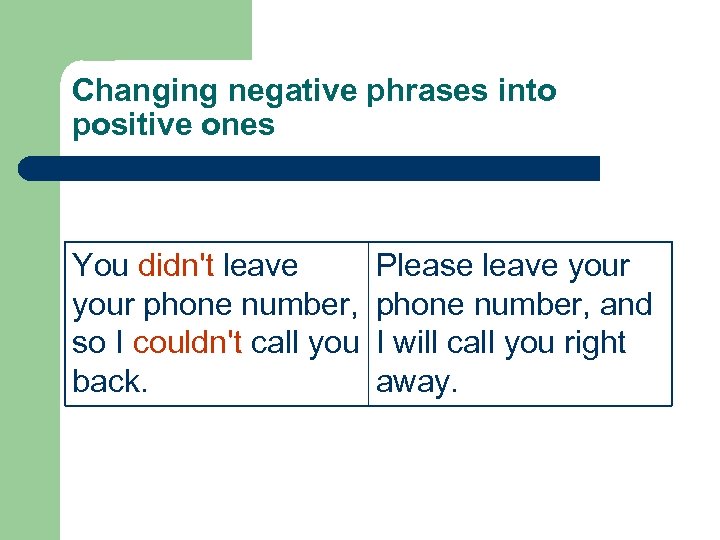 Changing negative phrases into positive ones You didn't leave Please leave your phone number,