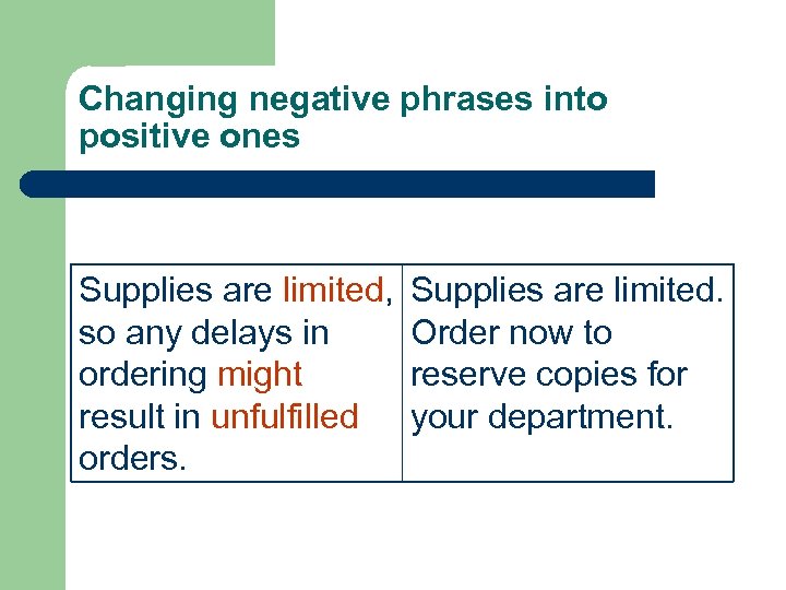 Changing negative phrases into positive ones Supplies are limited, Supplies are limited. so any