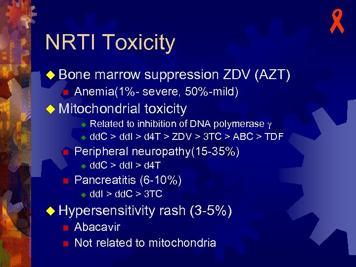 NRTI Toxicity u Bone marrow suppression ZDV (AZT) n Anemia(1%- severe, 50%-mild) u Mitochondrial